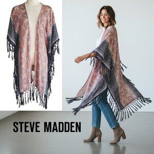 Steve Madden Kimono Artsy Boho Shawl Hankerchief Motif tassels at hem One Size